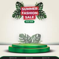 summer sale discount square banner for social media post with blank space 3d podium for product sale with abstract gradient white and green background design vector
