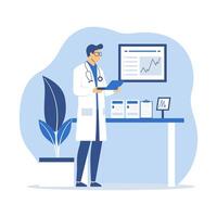 Male Doctor Analyzing Statistic Data with Infographic on Screen vector
