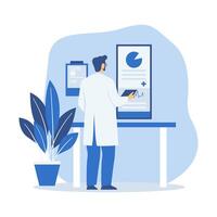 Flat Design Illustration of Man Doctor Analyzing Data with Infographic on Screen vector