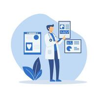 Male Doctor Character Analyzing Data with Infographic on Screen vector