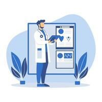 Flat Design Illustration of Cardiologist Male Doctor Analyzing Data with Infographic on Screen vector