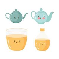 Collection of Cute Drink Glass Teapot Kettle Character with Smile Expression vector