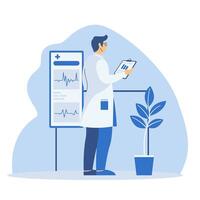Flat Design Illustration of Man Doctor Analyzing Data with Infographic on Screen Technology vector