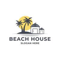 beach house palm logo design concept idea with home, palm, and sun vector