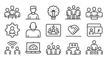 Meeting web icon set in line style. Conference, team, brainstorm, seminar, interview, related icon set flat illustration vector