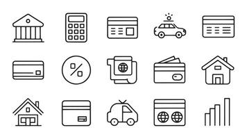Loan and Credit web icons in line style. Credit card, deposit, car leasing, rate interest, calculator, income, rating related icon set flat illustration. vector