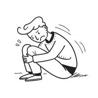 Bad mode a man sitting on the ground Hand drawn Brush line flat illustration isolated on white background vector