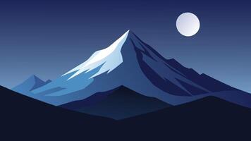 A snow capped mountain under a clear night sky illuminated by a bright, full moon flat illustration vector