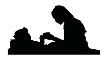 Mother taking care of his son ill with flu at home site view flat silihouette illustration on white background vector