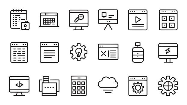 Programming and coding web icons in line style. Information technology, developer, idea, advertising, app, archive related icon set flat illustration vector