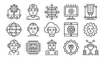 Artificial Intelligence web icons in line style. Innovation technology, machine, robot, bot, brain related icon set flat illustration vector