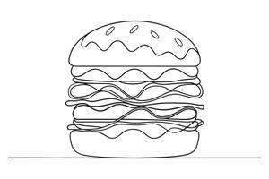 Continuous single black line art of a juicy burger with layers of lettuce, tomato, cheese, and a sesame seed bun isolated white background vector