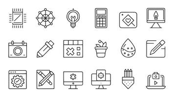 Graphic designer, creative package, stationary, software, creativity, tools related icon set flat illustration. vector