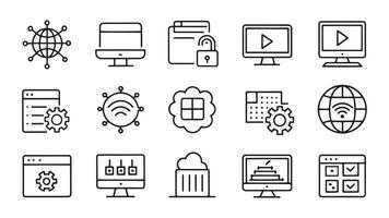Information Technology web icon set in line style. Network, web design, website, computer, software, progress, programming, data, internet, related collection set flat illustration vector