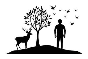 A man stands alongside a deer, with birds flying above, creating a serene nature scene Silhouette flat illustration on white background vector