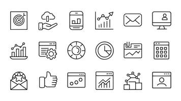 Social Media and web icon in line style. Data analytics, blogging, seo, digital marketing, like, management, message, phone related icon set flat illustration vector