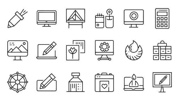 gráfico diseño web íconos en línea estilo. íconos para gráfico diseñador, creativo paquete, estacionario, software, creatividad, herramientas, dibujo relacionado icono conjunto plano ilustración vector