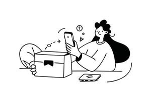 young woman is sitting on the sofa at home, holding a mobile phone and an open cardboard box Hand drawn Brush line flat illustration isolated on white background vector