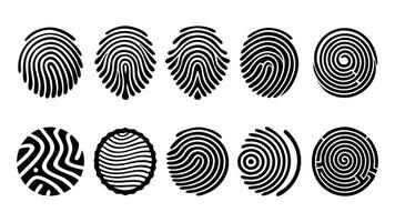 Personal id identity Fingerprint set. Press finger, scan for safety. Unique touch id. Individual fingertip is verification in police flat illustration on white background vector
