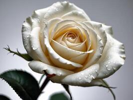 Portrait of a pristine white rose adorned with delicate dew drops against a soft gradient background photo