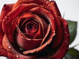 A close up portrait of a dewy red rose showcasing its intricate petals and natural beauty photo