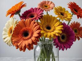 A vibrant assortment of gerbera daisies in full bloom arranged elegantly in a clear glass vase photo