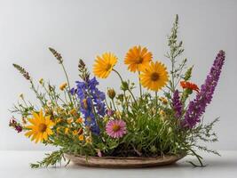 A meticulously arranged bouquet of vibrant wildflowers displayed against a minimalist background photo
