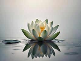 A serene white lotus bloom gracefully floats on still water its reflection softly merging with ripples photo