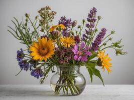 Colorful Wildflower Bouquet in a Clear Glass Vase on White Table photo