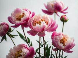 A bouquet of vibrant pink peonies in full bloom stands gracefully against a light background photo