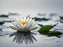 A serene lotus flower in full bloom gracefully floats atop tranquil waters surrounded by lily pads photo