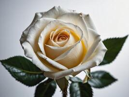 Elegant close up of a pristine white rose in full bloom against a soft background photo