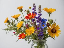 A vibrant bouquet of assorted wildflowers elegantly arranged in a glass vase photo