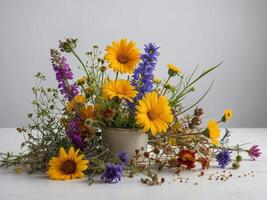 A beautifully arranged bouquet of vibrant wildflowers in a minimalist ceramic vase on a plain background photo