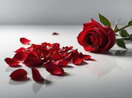 A single red rose lies gracefully on a reflective surface surrounded by gently scattered rose petals photo