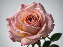 Close up of a single pink rose adorned with dewdrops set against a soft gray background photo