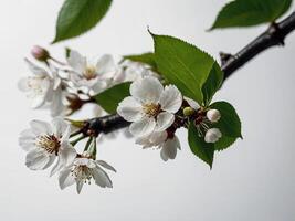 Close up of delicate white cherry blossoms on a branch with vibrant green leaves photo