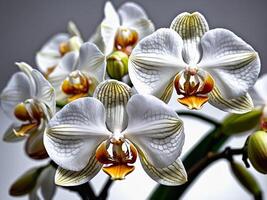 A close up portrait of delicate white orchids with intricate markings showcasing their elegant beauty against a soft gradient background photo
