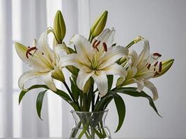 A meticulously arranged bouquet of elegant white lilies in a crystal clear vase set against a minimalist background photo