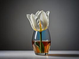 A single white tulip elegantly blooms from a modern glass vase filled with amber liquid set against a muted background photo