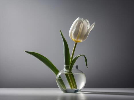 Still life photograph of a white tulip in a clear glass vase filled with water set against a gradient gray background photo