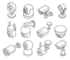 CCTV and security camera isometric line icon set vector