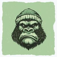 Gorilla Illustration Wearing a Beanie with a Flat Expression vector