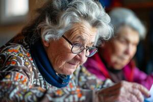 Elderly woman reading and learning in a class setting, embodying the spirit of lifelong learning and educational curiosity. photo