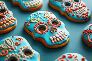 Dia de los muertos skull-shaped cookies with colorful decoration photo