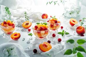 Peach dessert, featuring a peach half garnished with mint, showcasing natural sweetness and simplicity. photo