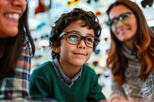 Boy sitting excitedly at an eyeglasses shop, trying on a pair of frames, with his mom and and the optician watching and smiling encouragingly photo