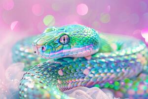 Close-up of a vibrant, iridescent snake with shimmering scales in shades of green, blue, and purple, set against a dreamy pink bokeh background photo