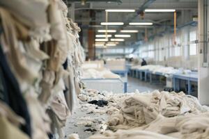 Inside view of a textile recycling factory showing scattered fabric piles and rolls, illuminated by fluorescent lights in a large workspace. photo
