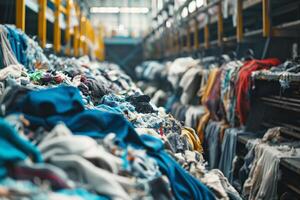 Textile recycling technology in action. Factory Interior with Fabric Piles. Circular economy in fashion photo